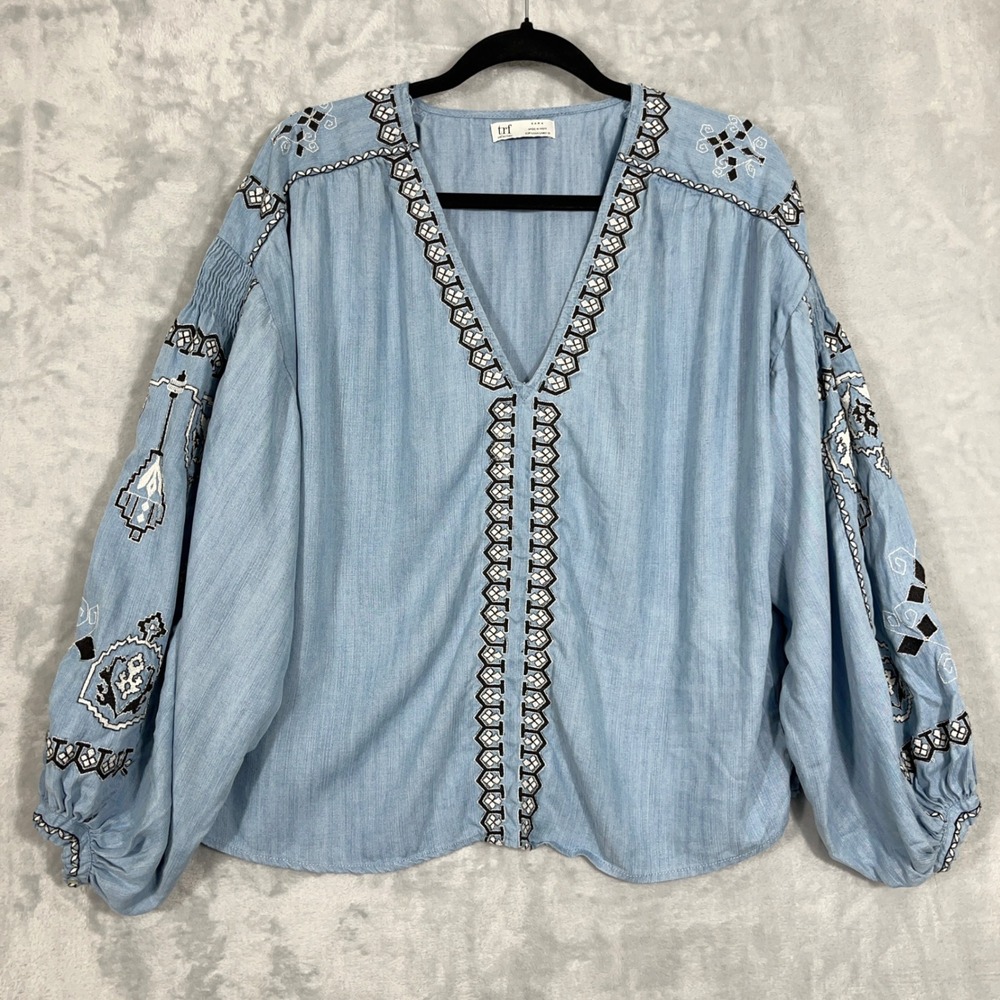 Zara TRF Women Blouse S Blue Embroidered Balloon Sleeve Boho Peasant Folk Top